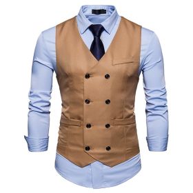 Men's Suit Vest Slim Fit Double Breasted Dress Vest (Color: Khaki, size: L)