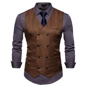 Men's Suit Vest Slim Fit Double Breasted Dress Vest (Color: Coffee, size: L)