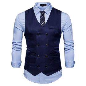 Men's Suit Vest Slim Fit Double Breasted Dress Vest (Color: Navy Blue, size: S)