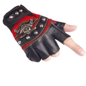 Punk Skulls Rivet PU Leather Gloves Men Women Fashion Hip Hop Anti-slip Half Finger Gloves Summer Cycling Motorcycle Accessories (Color: A-Red, size: One Size)