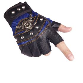 Punk Skulls Rivet PU Leather Gloves Men Women Fashion Hip Hop Anti-slip Half Finger Gloves Summer Cycling Motorcycle Accessories (Color: A-Blue, size: One Size)