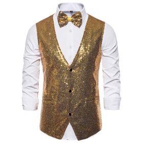 Men's Sequin Vest Shiny Suit Vest V-neck Party Dress (Color: Gold, size: 2XL)