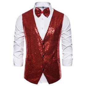 Men's Sequin Vest Shiny Suit Vest V-neck Party Dress (Color: Red, size: S)